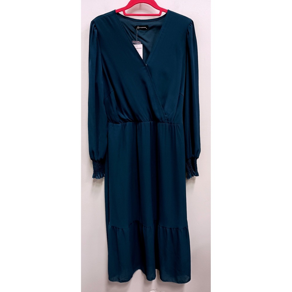 PrettyGarden BOHO Midi Dress Womens XL Teal Blue Faux Wrap Long Sleeve Casual